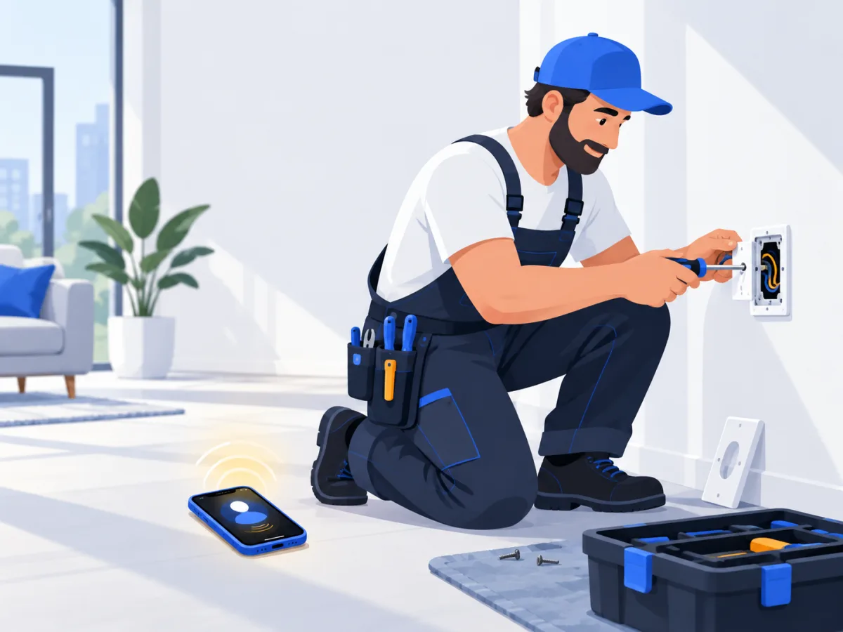 Ilustracja: elektryk pracujący przy instalacji gniazdek w mieszkaniu, obok telefon z asystentem głosowym